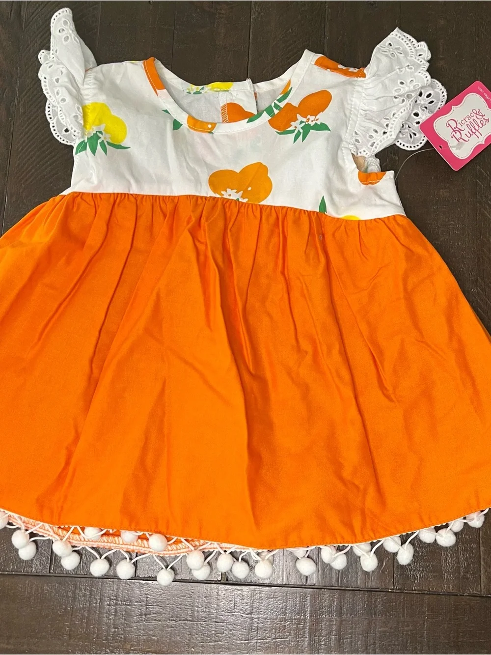 Ric Rac & Ruffles NWT 2t Orange Floral Pom-Pom Casual Dress Eyelet Sleeves
